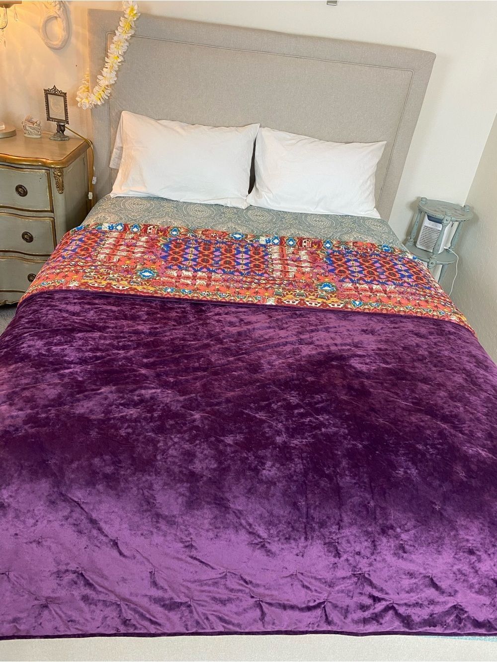 Velvet bedspread Reversible purple/ multi colored BOHO